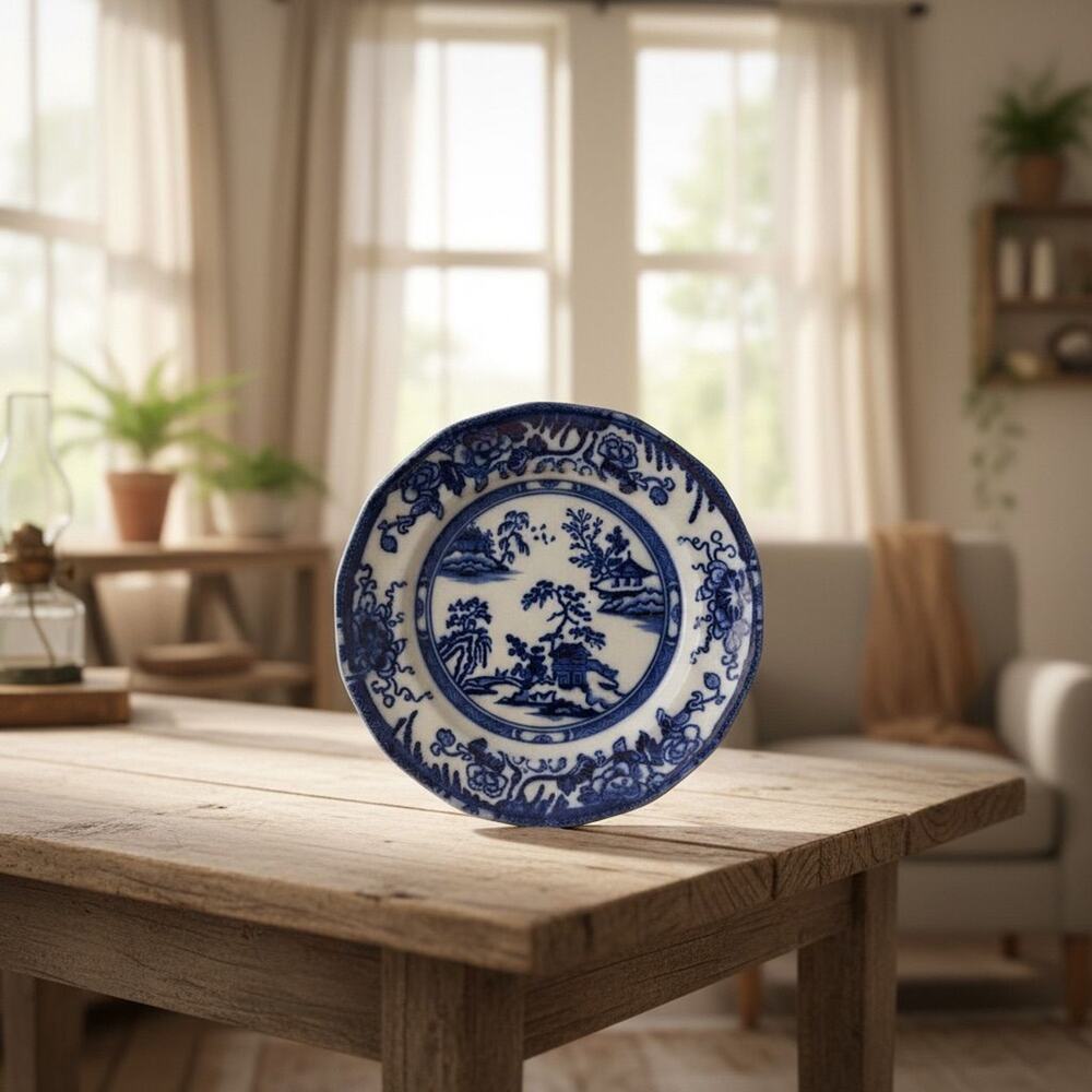 Antique Charles Meigh & Sons Flow Blue Willow transferware plate Blue and White